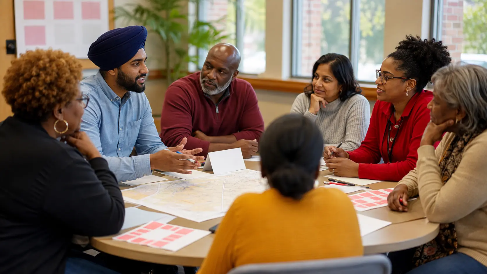 Black and South Asian community members and a blood-center outreach professional co-design an accessible mobile blood-drive plan in a bright meeting room.