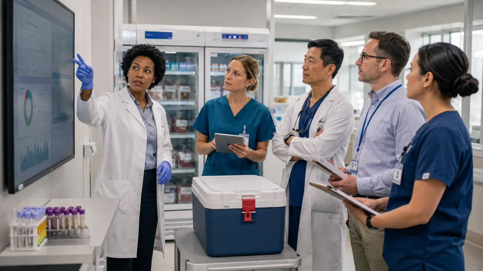 A blood bank scientist, nurse, physician, logistics professional, and quality leader review blood inventory and continuity signals during a bright hospital operations huddle.