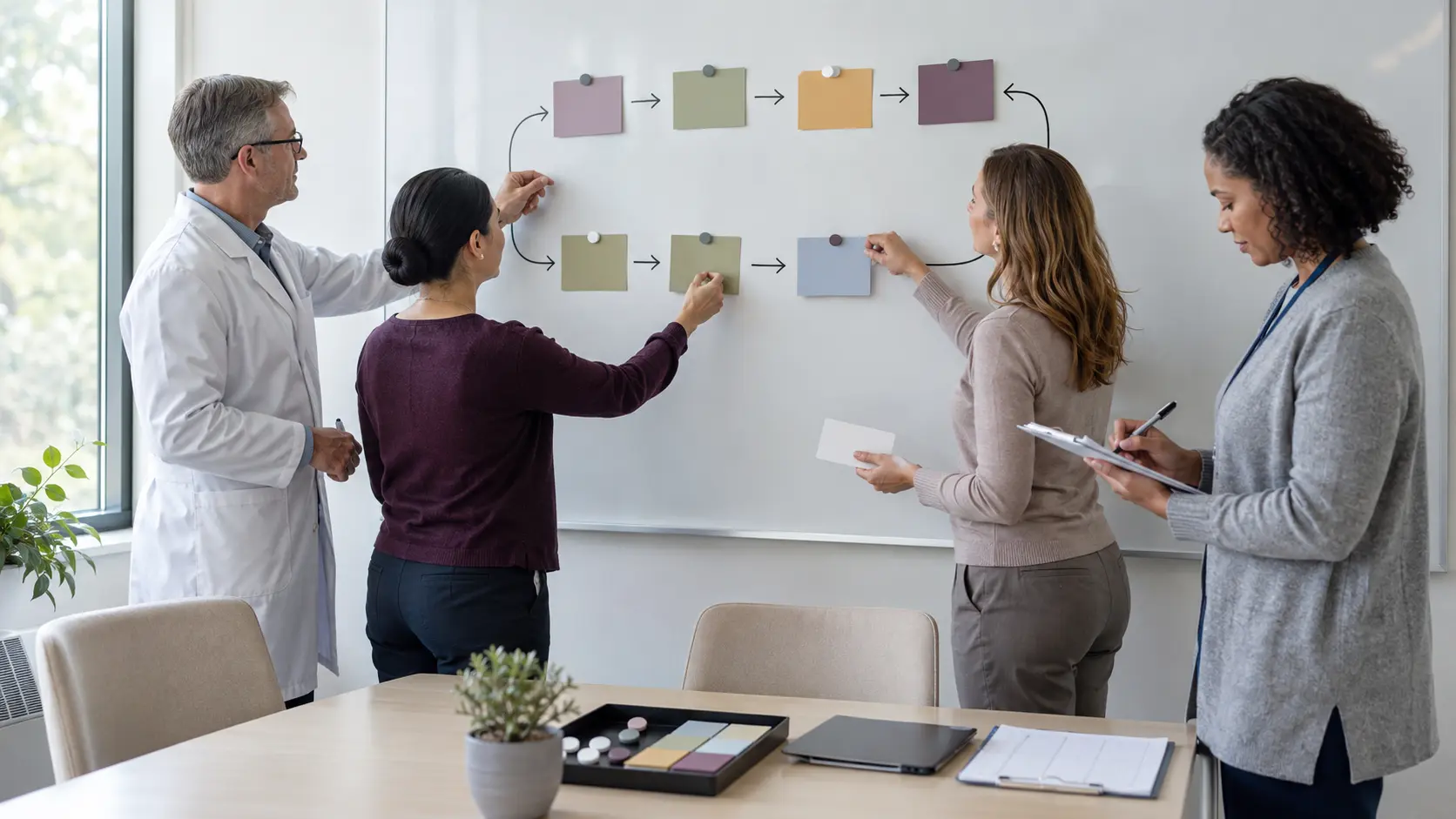 A multidisciplinary healthcare team arranges blank pathway cards on a wall during a bright planning session.