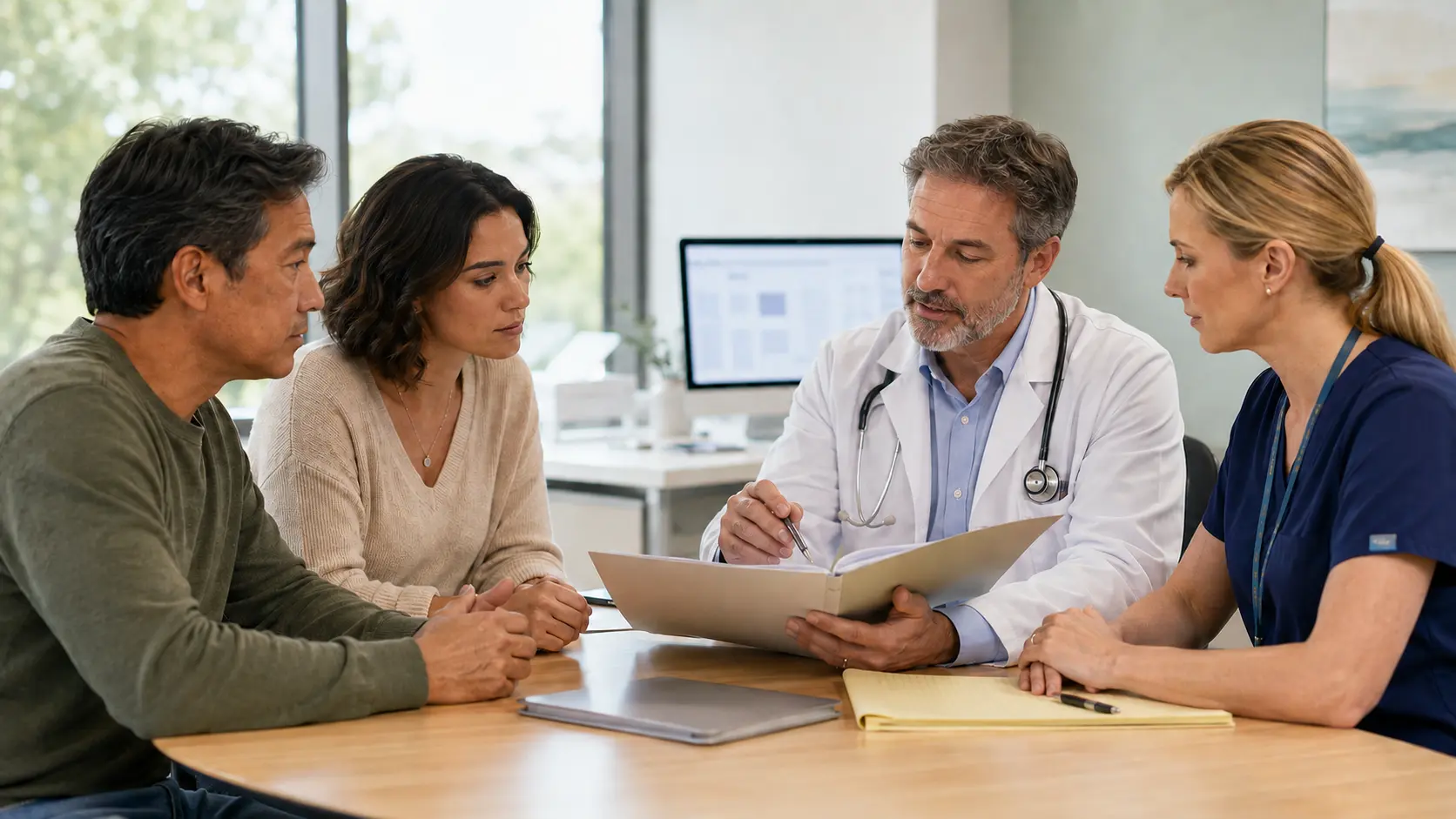 An adult patient and family member meet with a gastroenterologist and nurse navigator in a bright consultation room.