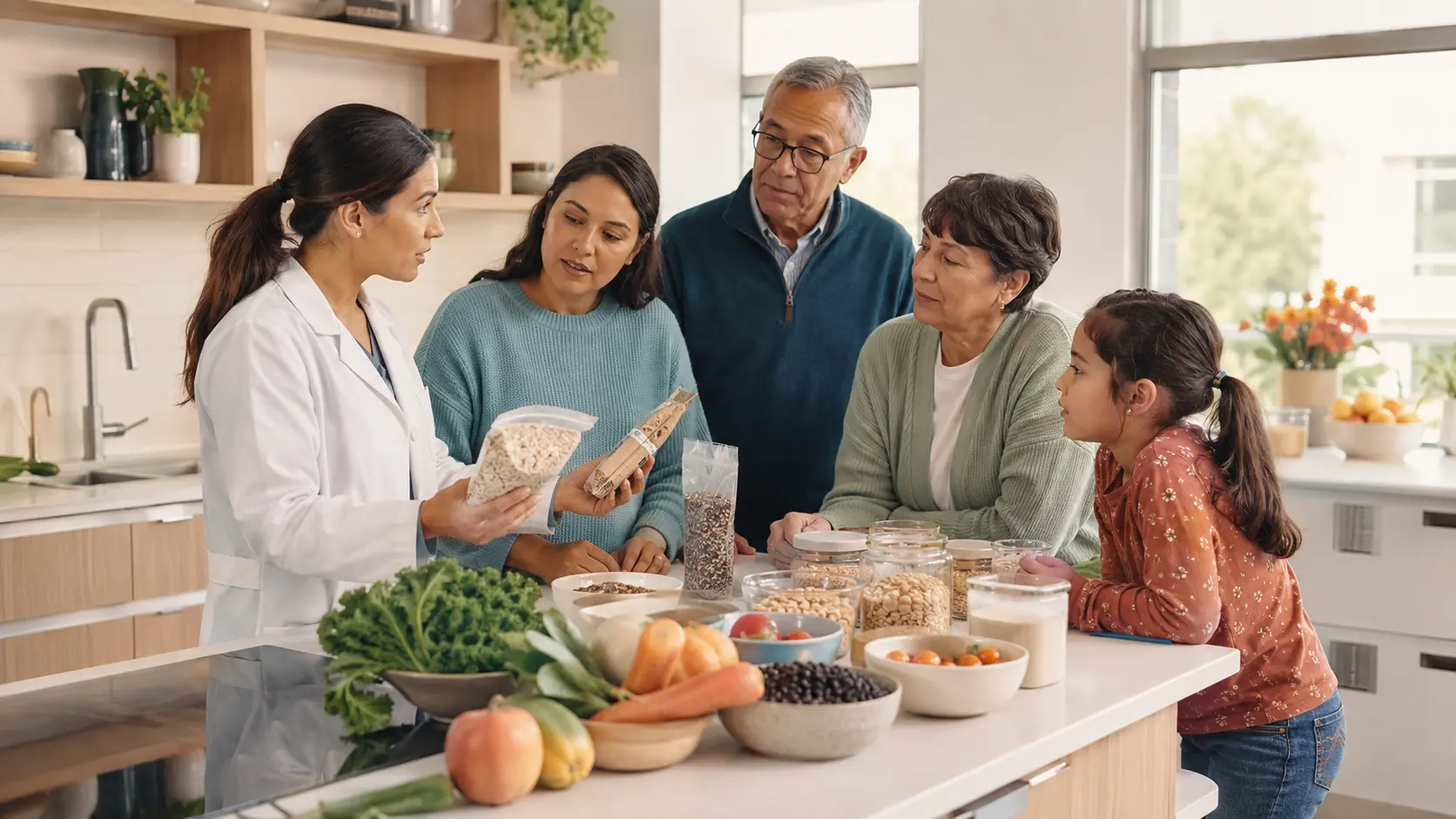 A dietitian meets with a multigenerational family and child in a bright teaching kitchen with unbranded foods.
