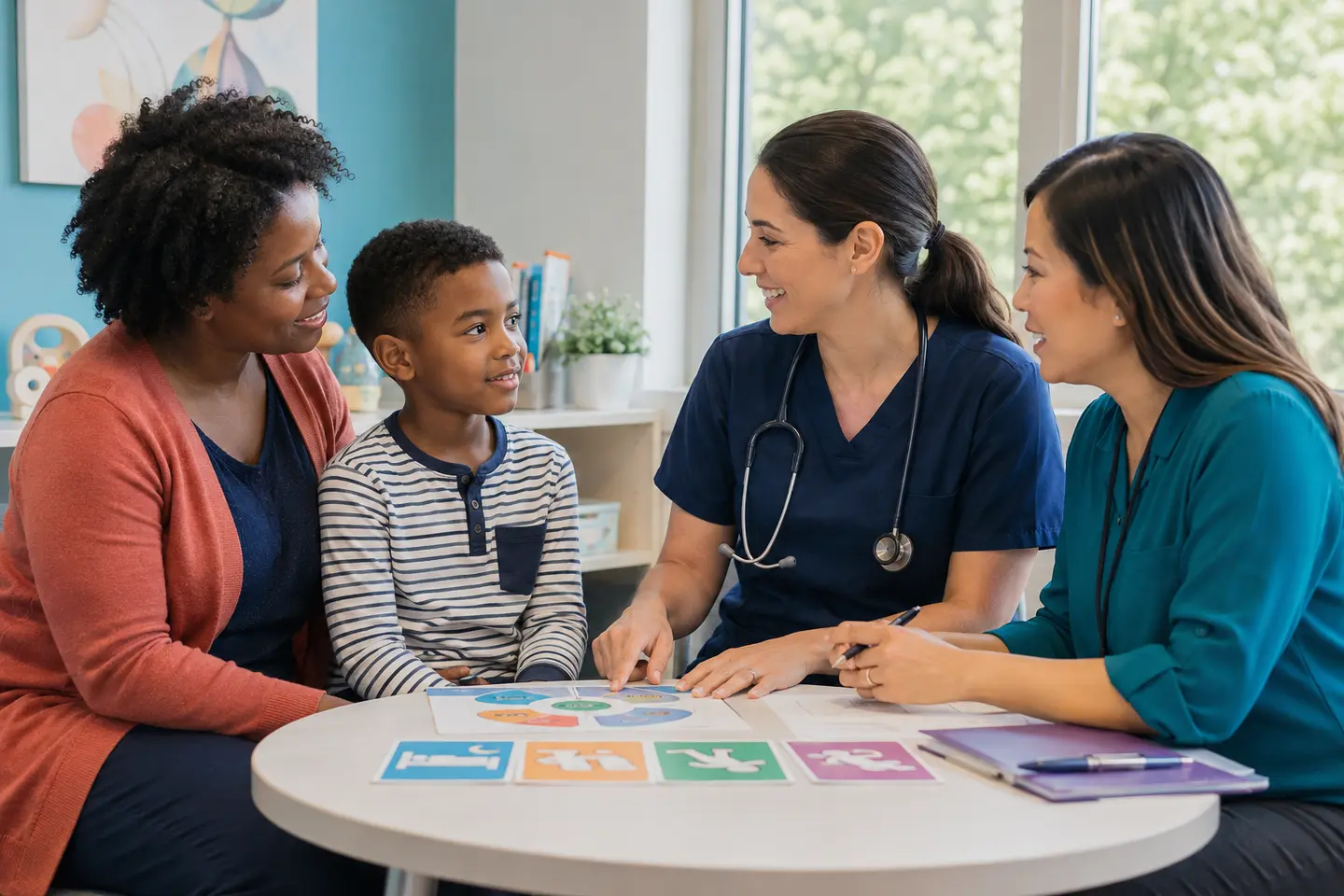 A school-age child and caregiver participating in a collaborative planning conversation with a pediatric clinician and health coach in a bright community clinic.