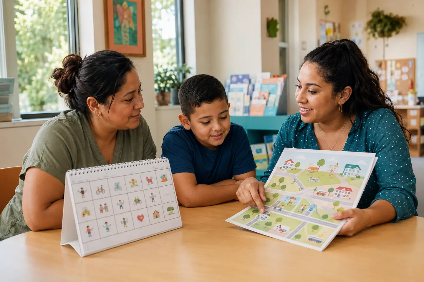 A Hispanic or Latino caregiver and school-age child using a pictorial neighborhood map and calendar with a bilingual community health worker in a welcoming resource room.