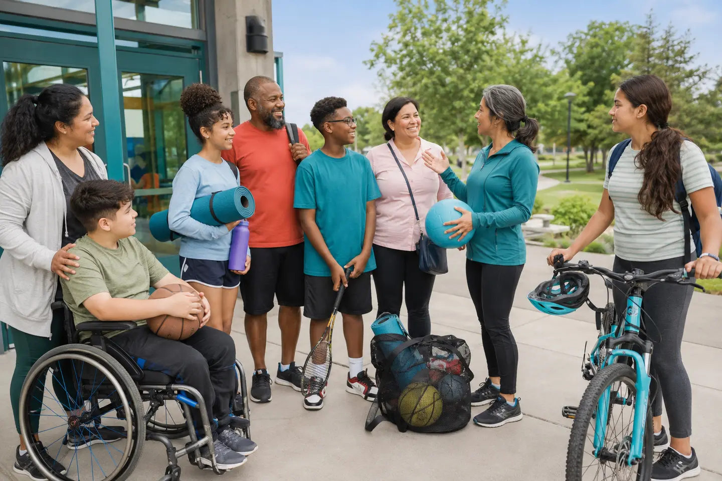 A diverse group of adolescents and caregivers, including a teen wheelchair user, choosing inclusive community activities with a coordinator outside an accessible recreation center.