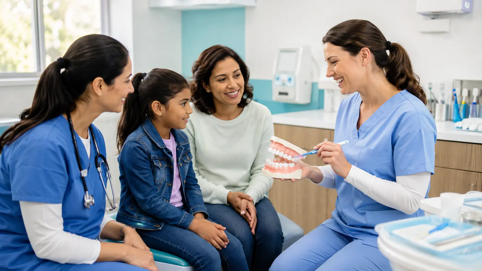 Pediatric clinician and dental hygienist discussing toothbrushing with a child and parent