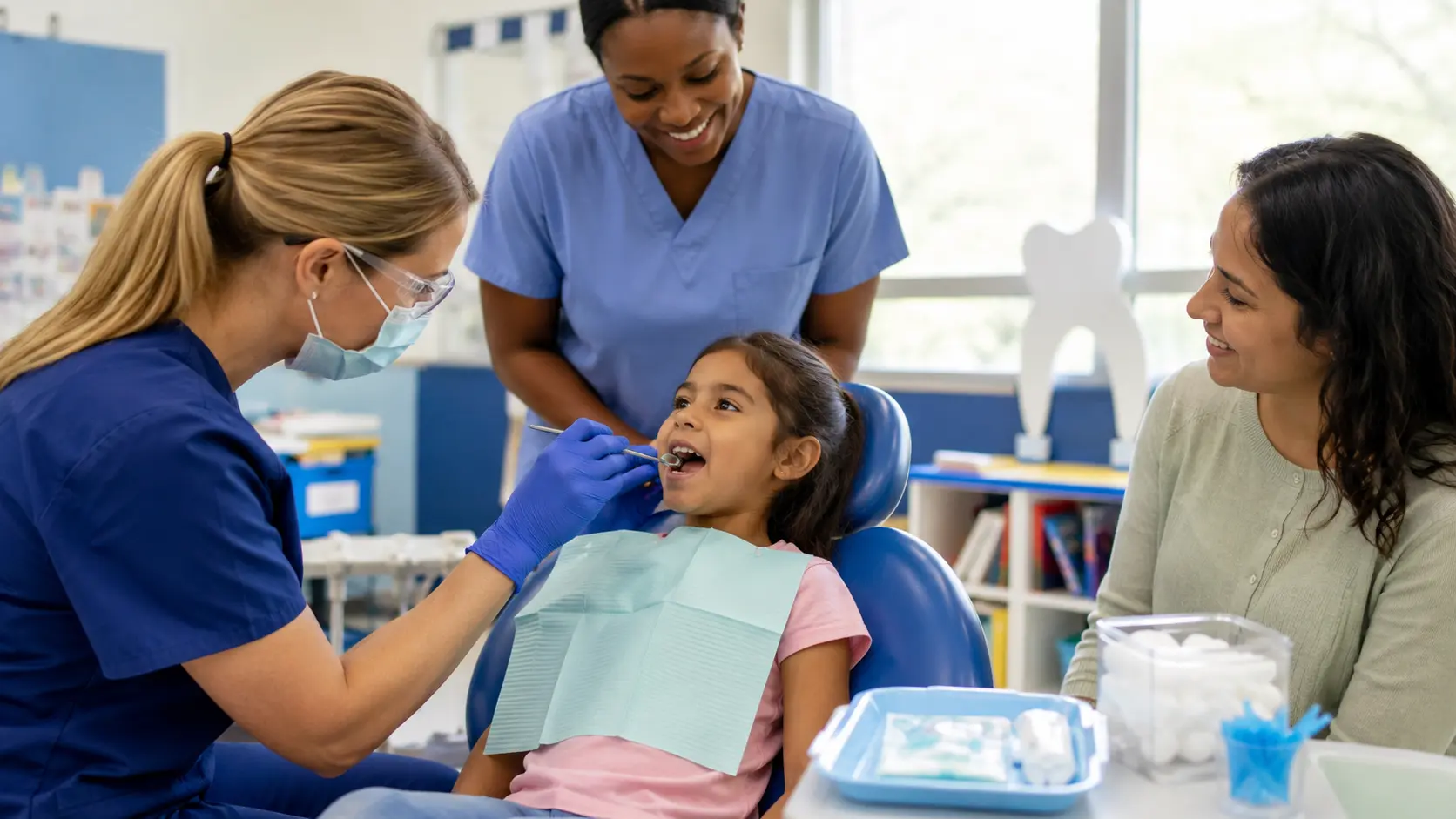 Dental professional providing a gentle school-based oral health screening while a caregiver and school nurse support a child