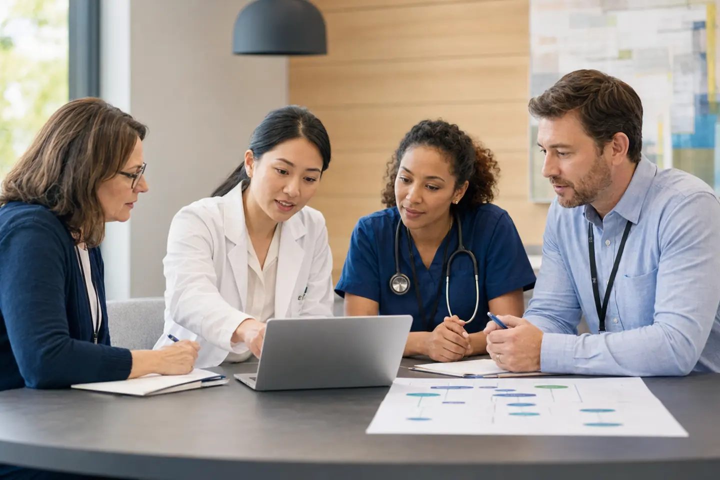 A diverse primary care clinician, pharmacist, nurse, and quality specialist reviewing a cholesterol care workflow around a laptop in a clinic conference area.