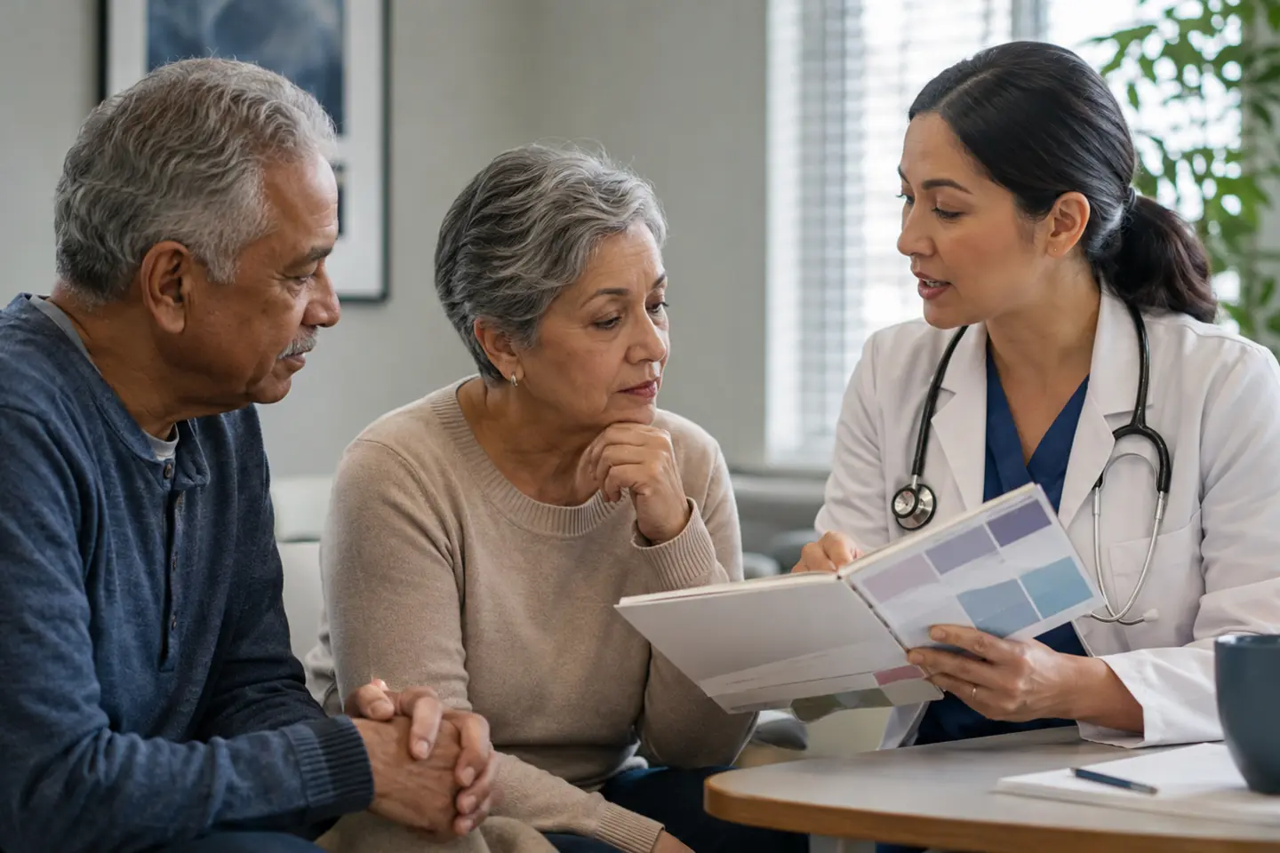 An older adult patient and support person seated beside a clinician during a calm shared decision conversation in a private primary care room.