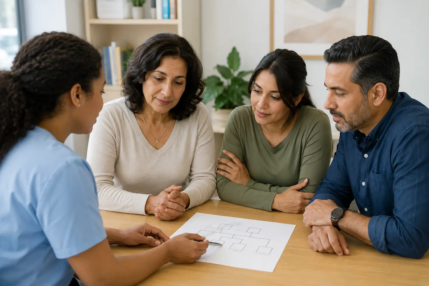 An adult patient and two adult relatives meeting with a nurse navigator around a simple family-tree worksheet in a welcoming clinic resource room.
