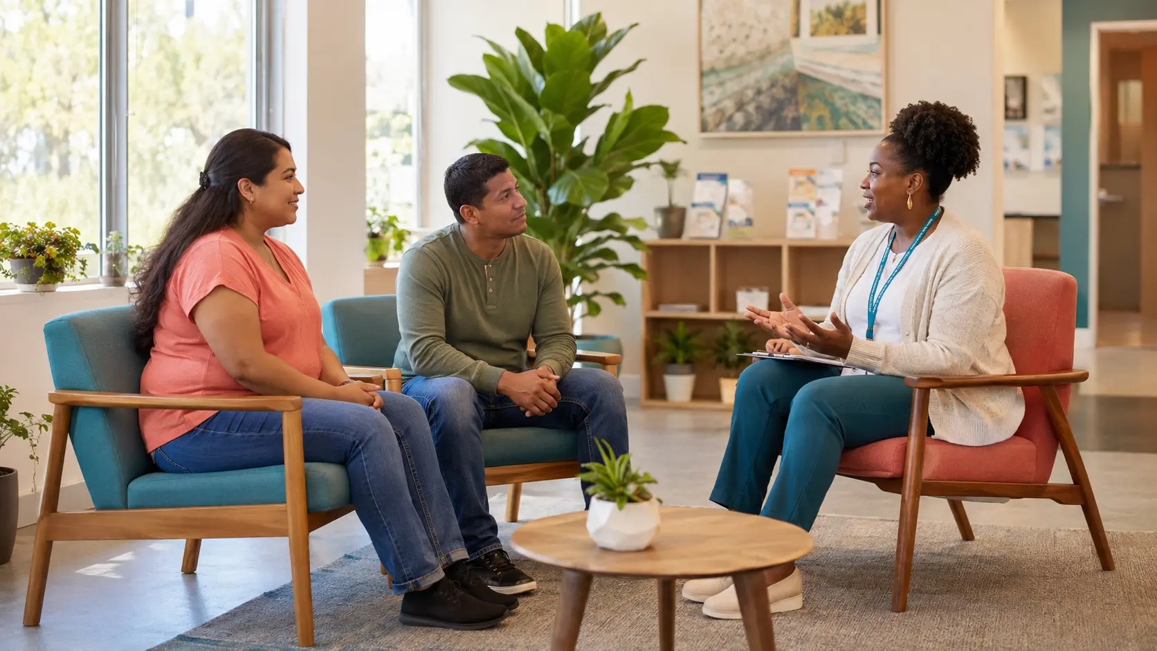 A community health worker holds a respectful listening conversation with two adults in a bright community clinic.
