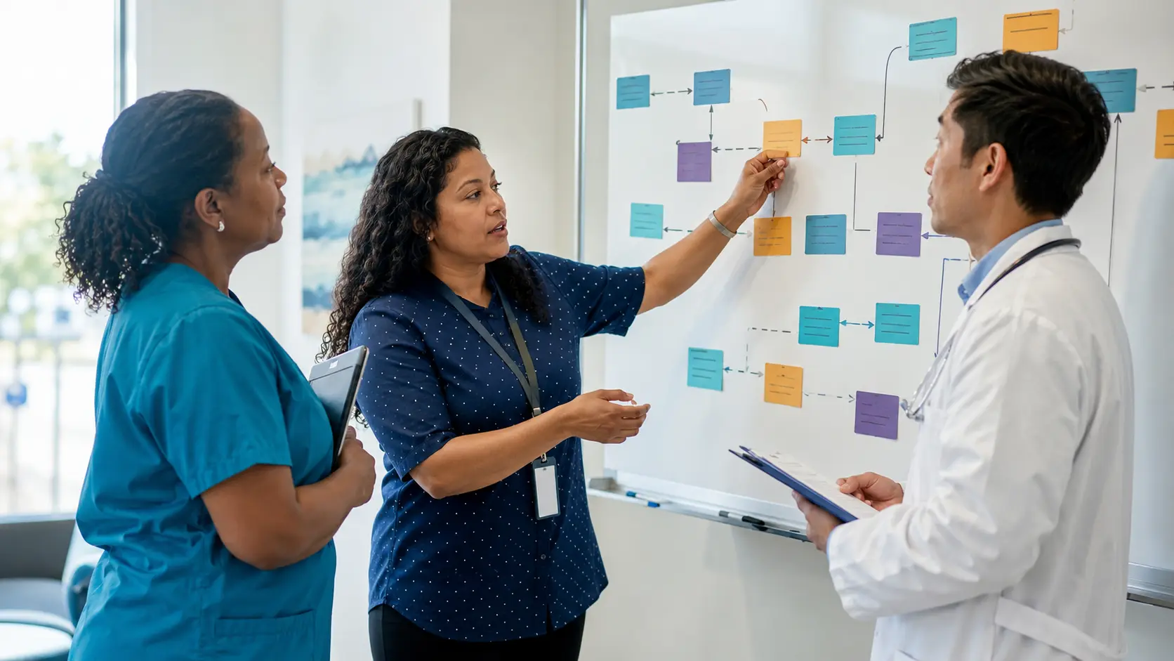 A community health worker maps a closed-loop referral pathway with a nurse and physician in a bright team room.