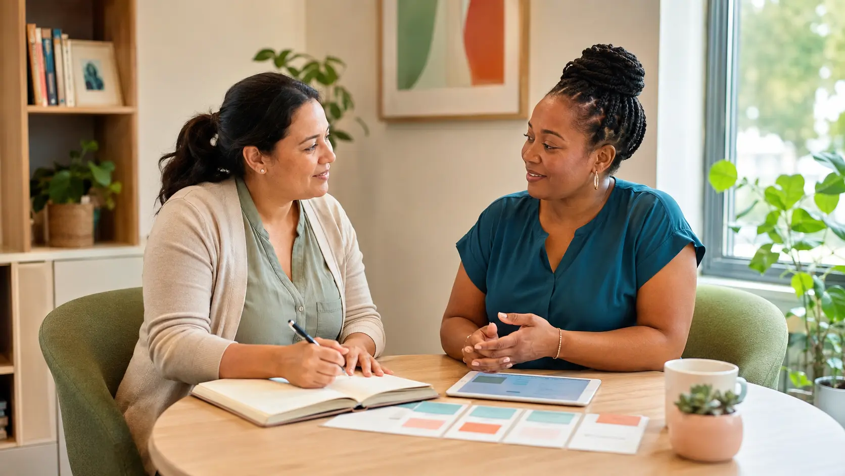 A community health worker and supervisor plan workload, support, and professional development together in a bright meeting space.