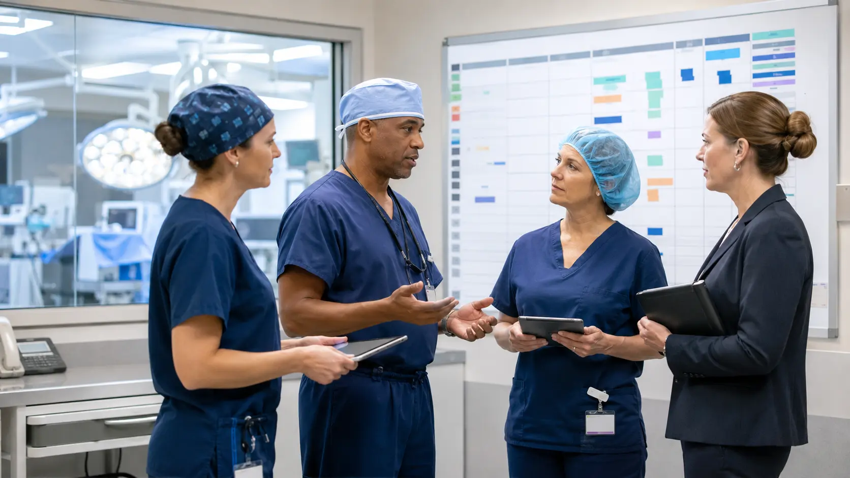 Interdisciplinary hospital leaders reviewing a perioperative capacity board during a daylight operations huddle
