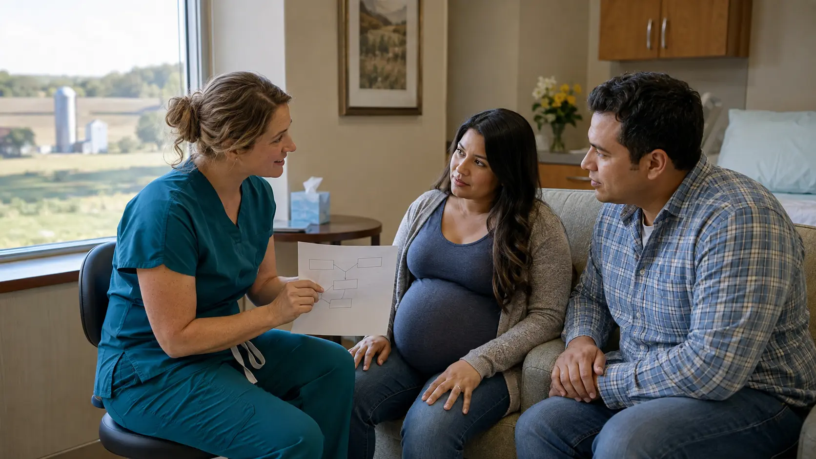 A nurse anesthetist and obstetric clinician consulting beside a patient room in a small rural hospital