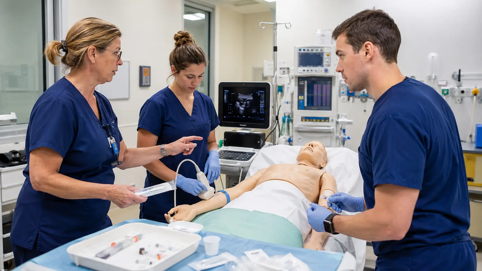 Nurse anesthetists practicing ultrasound-guided vascular access in a bright clinical simulation laboratory