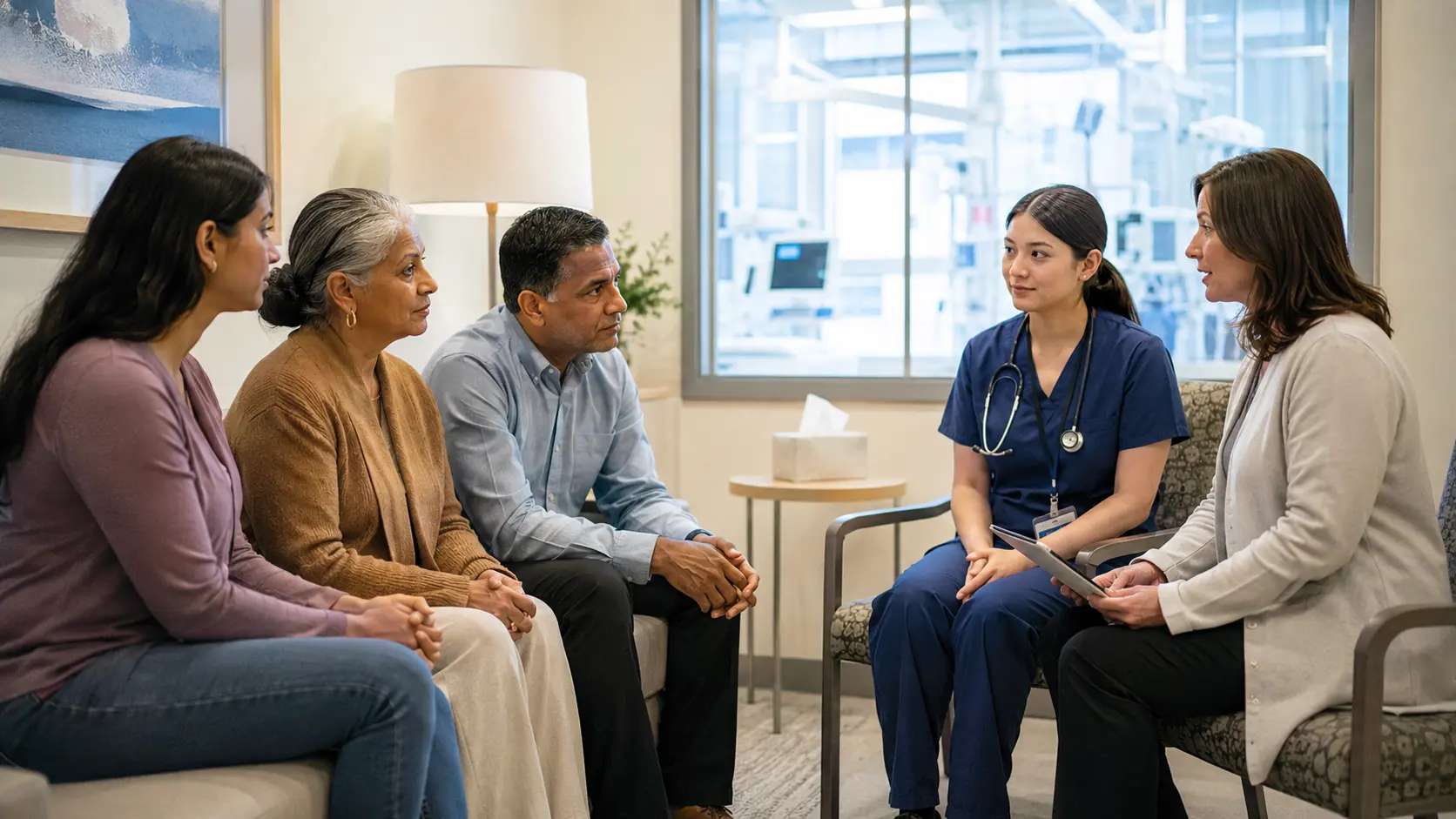 A diverse adult family seated in a bright hospital consultation room with an intensive care nurse and a donation coordinator.