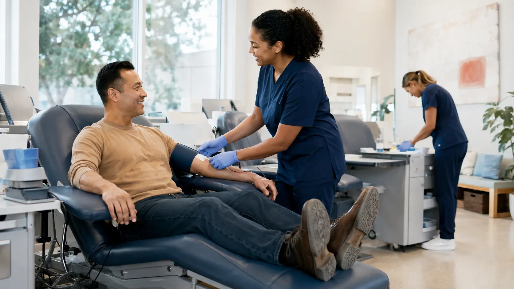 An adult donor reclining in a bright community blood center while a collection professional monitors the donation and another staff member prepares the area.