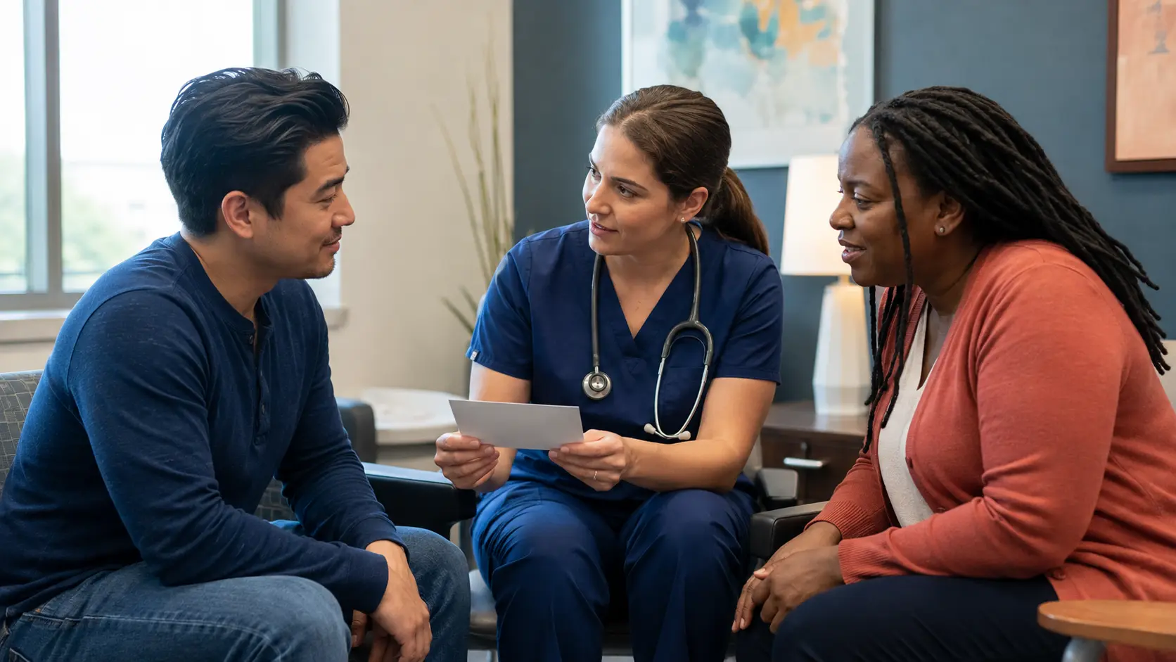 A healthcare professional and community navigator coordinate a calm warm handoff in a private consultation area.
