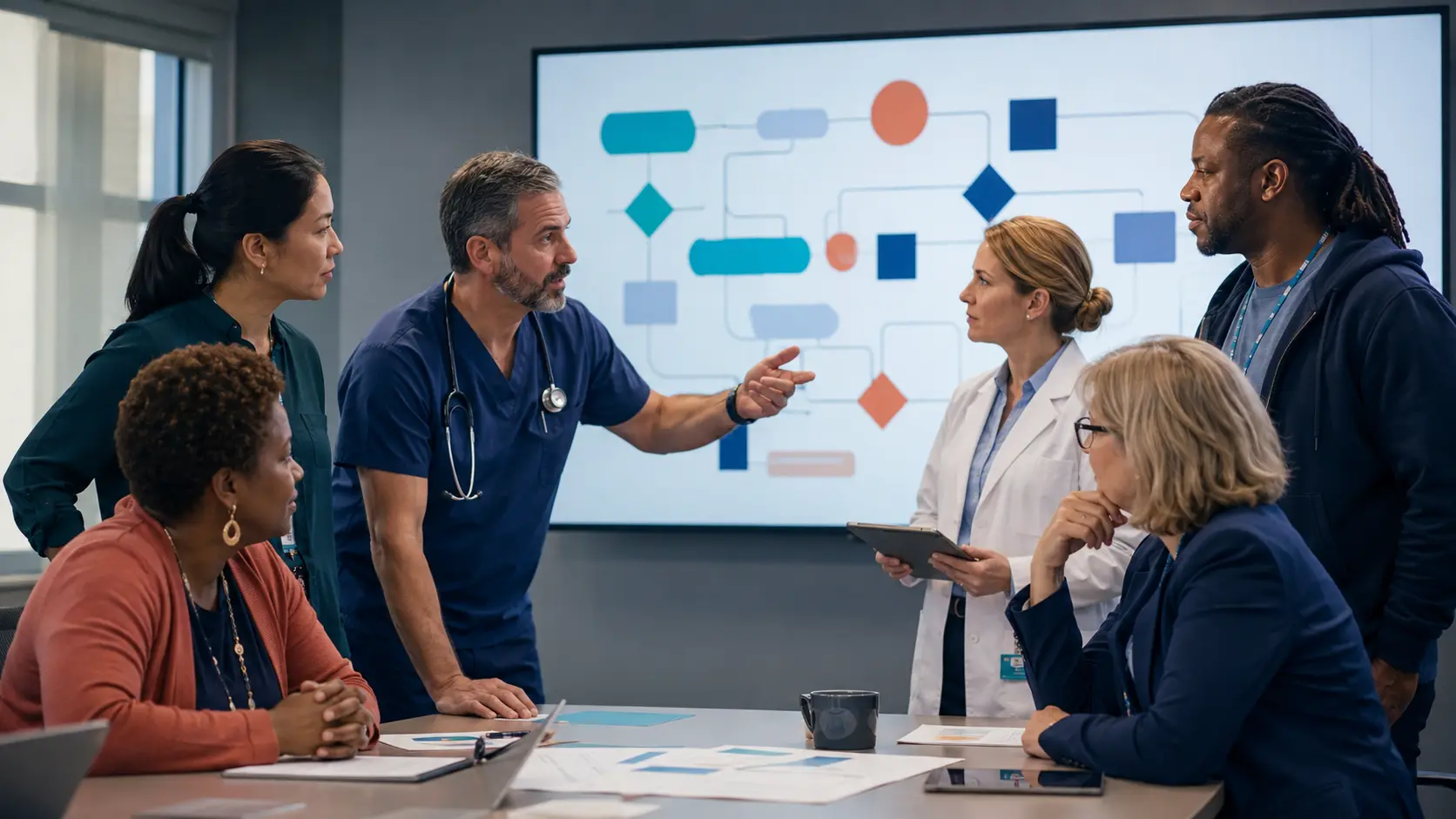 Healthcare, public health, emergency response, and community leaders review a no-wrong-door prevention workflow during an operations huddle.