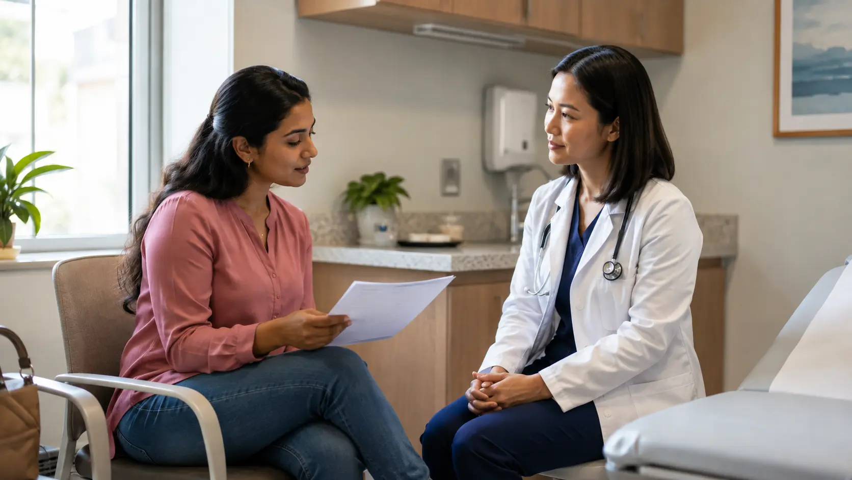 An adult patient reviews a plain preconception plan while a clinician listens in a bright primary-care exam room.