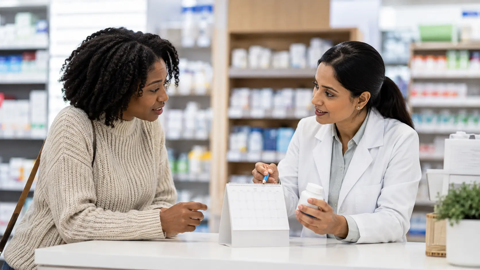 A community pharmacist and an adult patient discuss a plain calendar and an unbranded supplement bottle at a consultation counter.