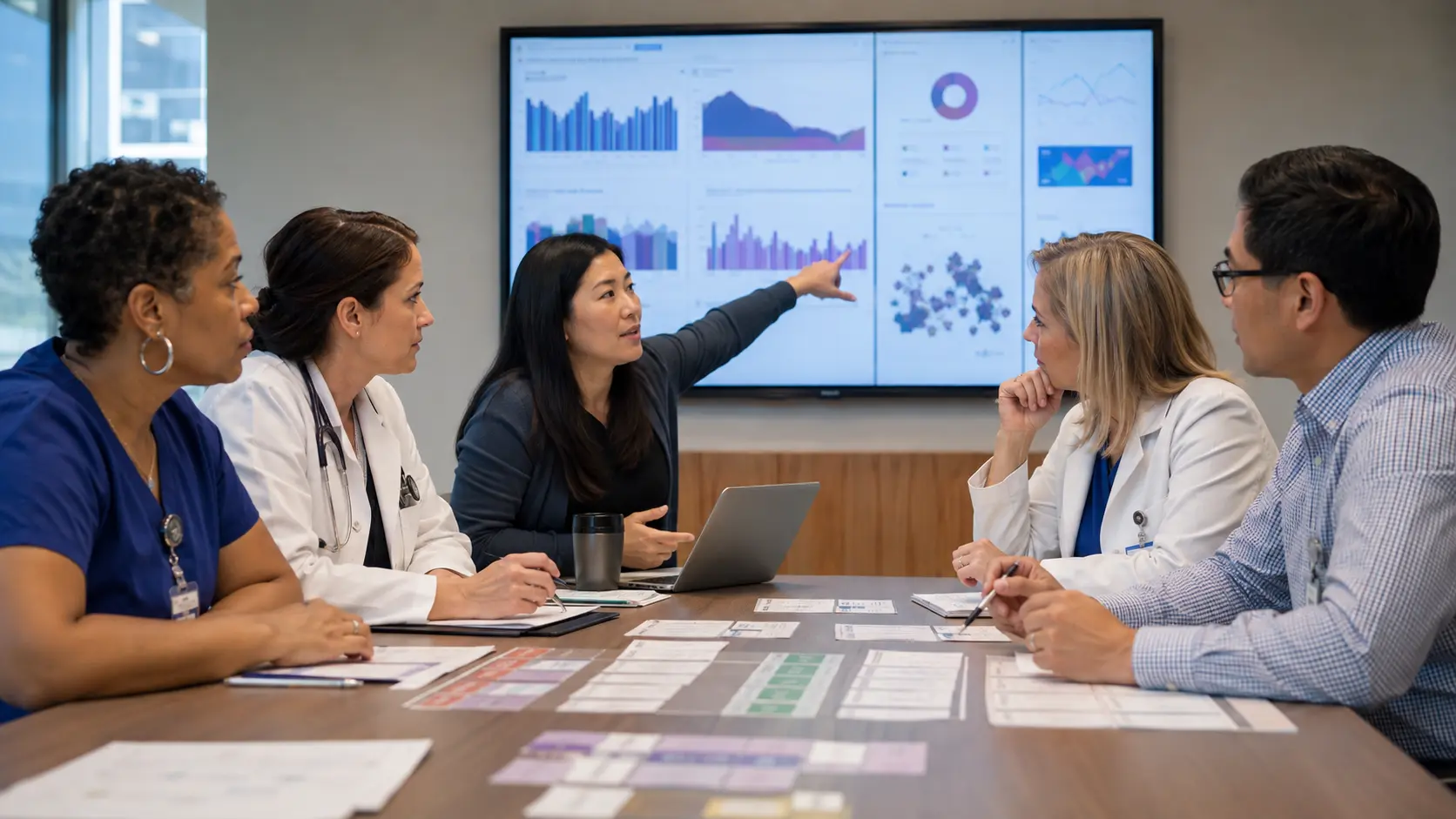 A multidisciplinary healthcare quality team reviews workflow cards and an abstract dashboard in a hospital conference room.