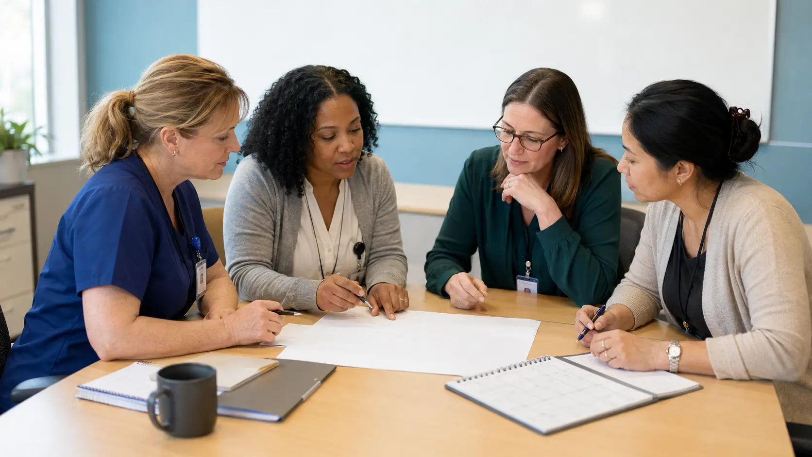 A nurse manager, social worker, behavioral health clinician, and patient-access coordinator verify a grief-support follow-through pathway in a hospital team room.