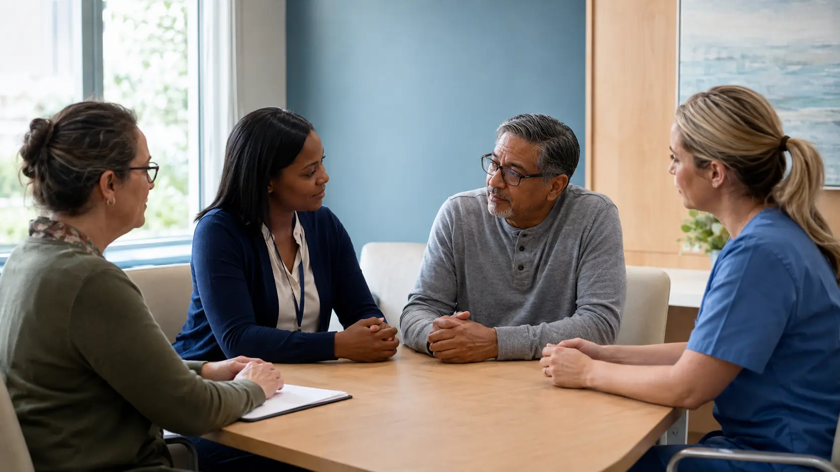 A hospital social worker, nurse, family member, and community grief-support navigator hold a calm listening session in a bright consultation room.