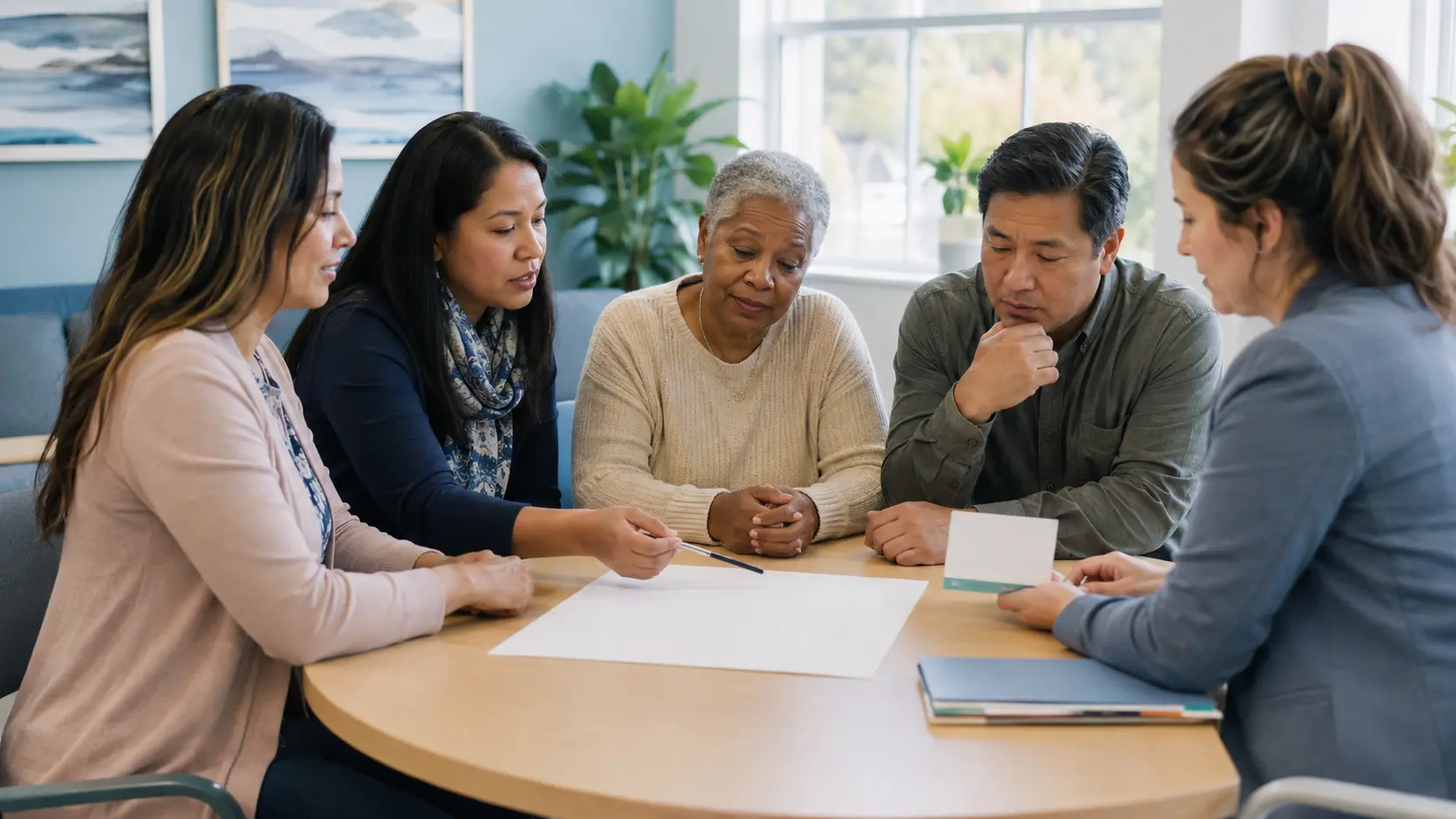 A diverse family caregiver, interpreter, community health worker, behavioral health clinician, and older adult review grief-support access options together.