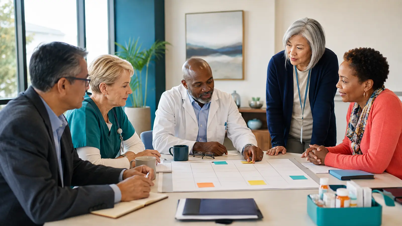 A multidisciplinary healthcare leadership team reviews a workflow and 90-day implementation plan around a table.