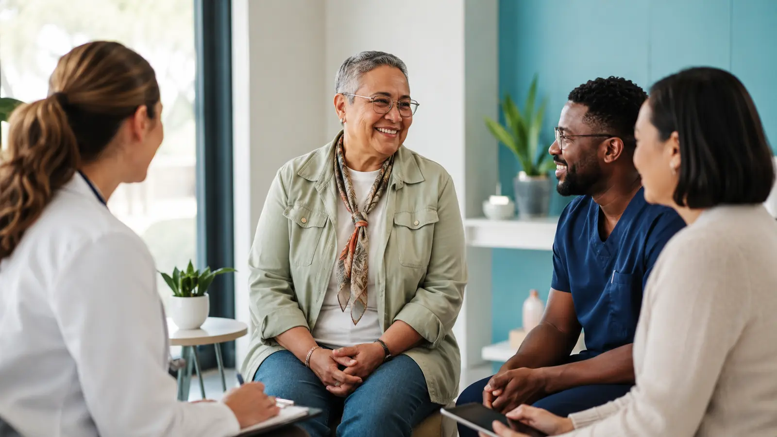An older adult participates in an integrated conversation with a clinician, nurse, and care team member in a bright clinic.