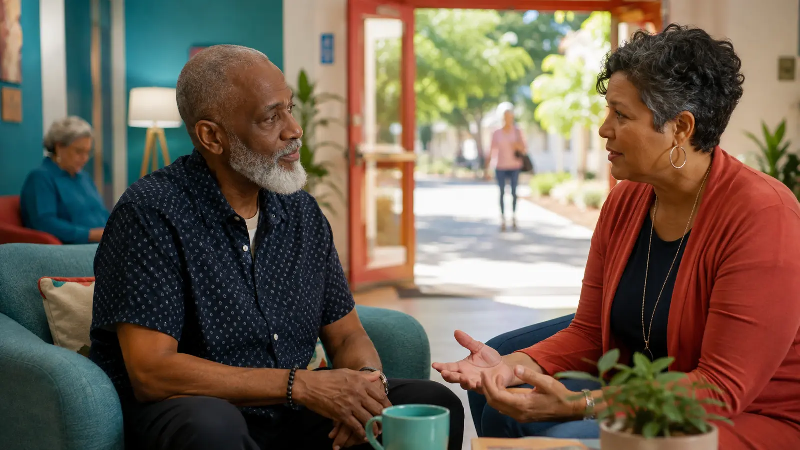 An older adult and a community health navigator have a private supportive conversation in an accessible community setting.