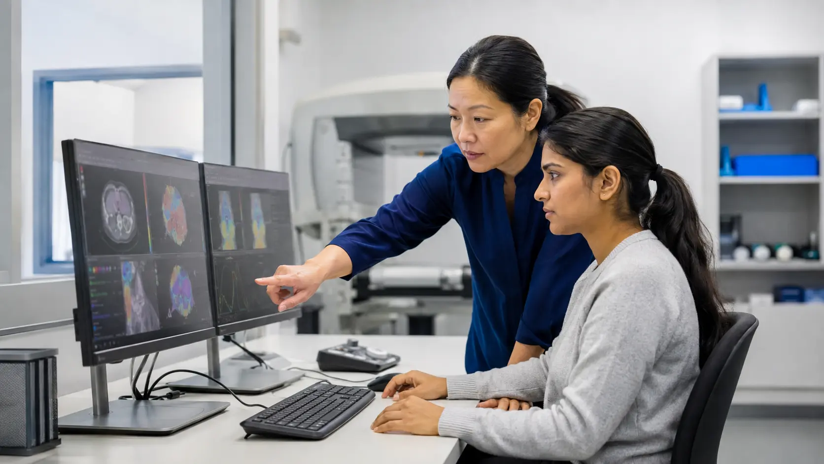 An experienced medical dosimetrist mentors an adult trainee at a dual-monitor simulation workstation.