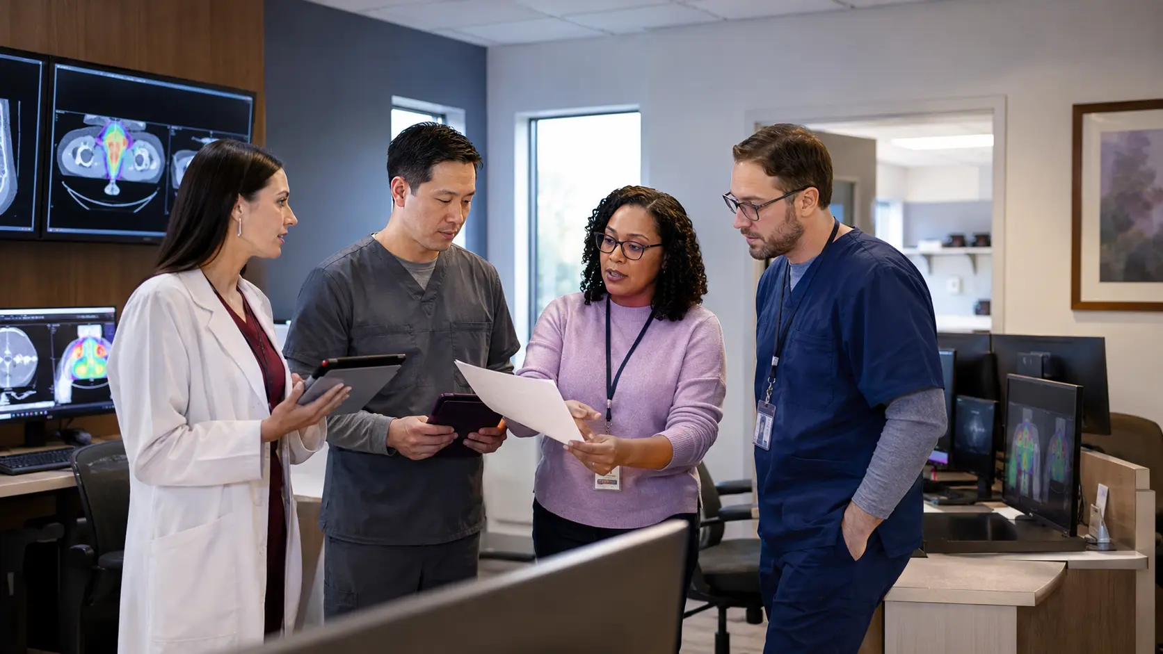 Four radiation oncology professionals review a planning document together in a clinical workstation room.