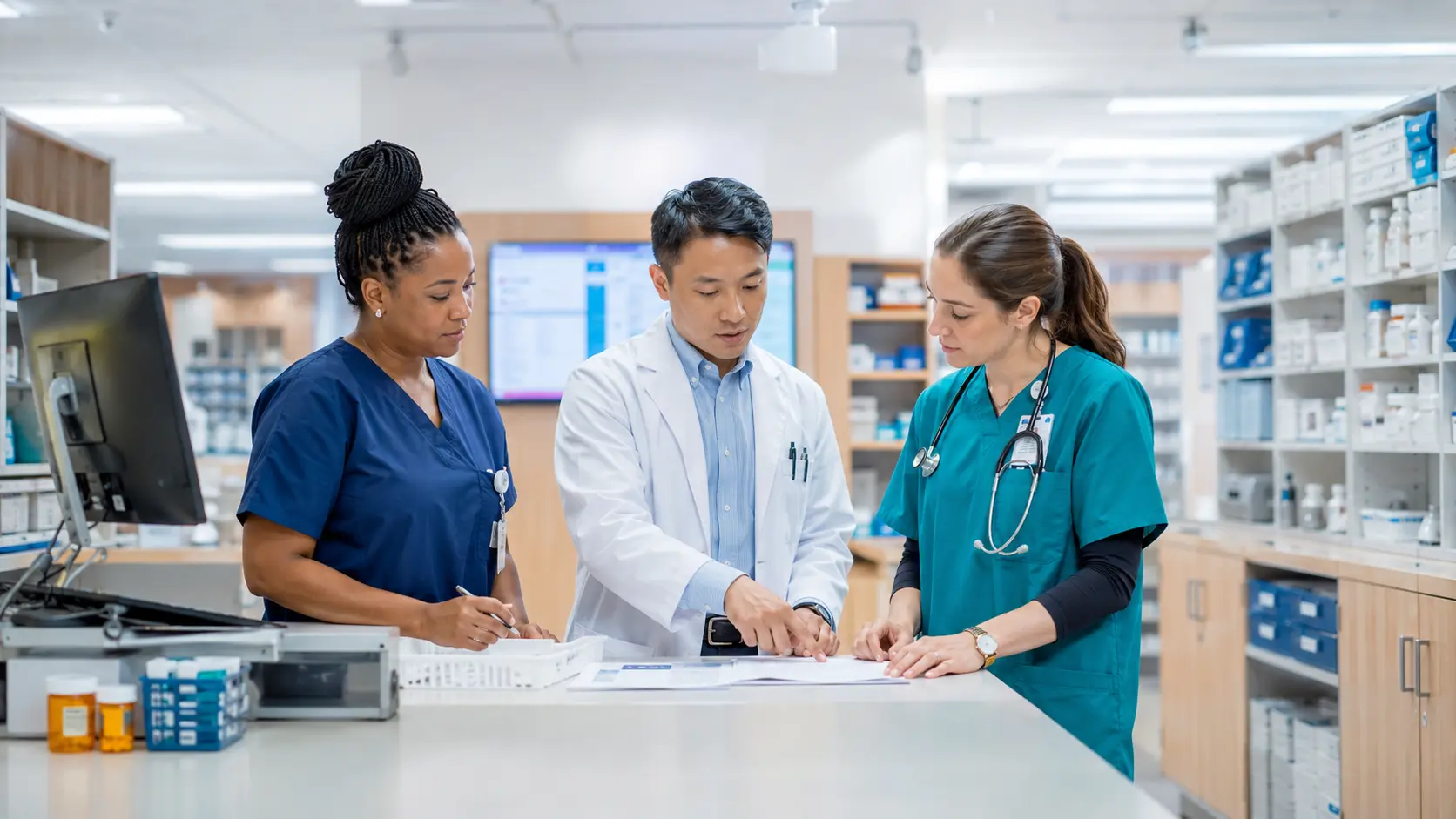 A pharmacist, pharmacy technician, and nurse review a medication workflow together in a bright hospital pharmacy.