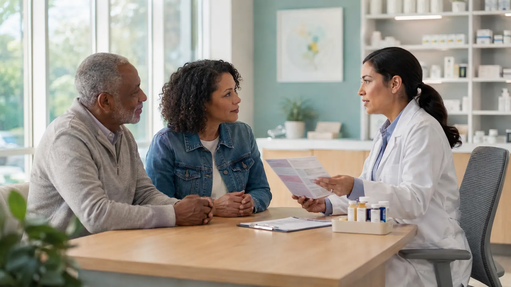 A clinical pharmacist speaks with an older adult and caregiver during a medication consultation in a bright ambulatory setting.