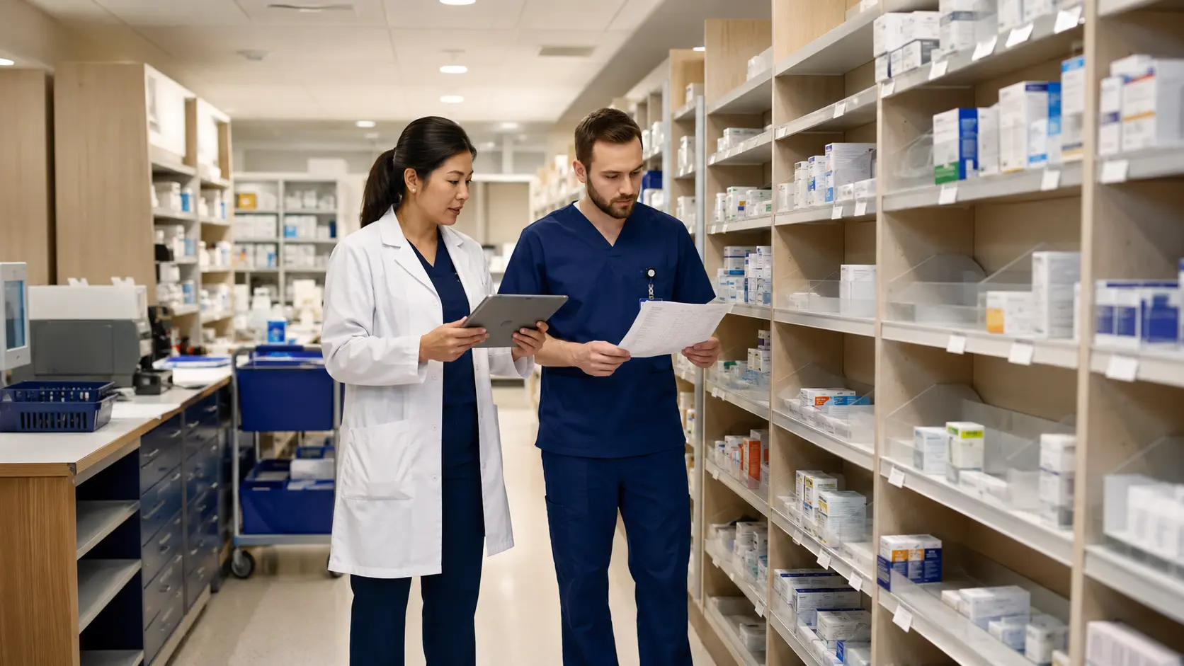 A pharmacist and pharmacy technician inspect medication inventory and review a supply checklist in a hospital pharmacy aisle.