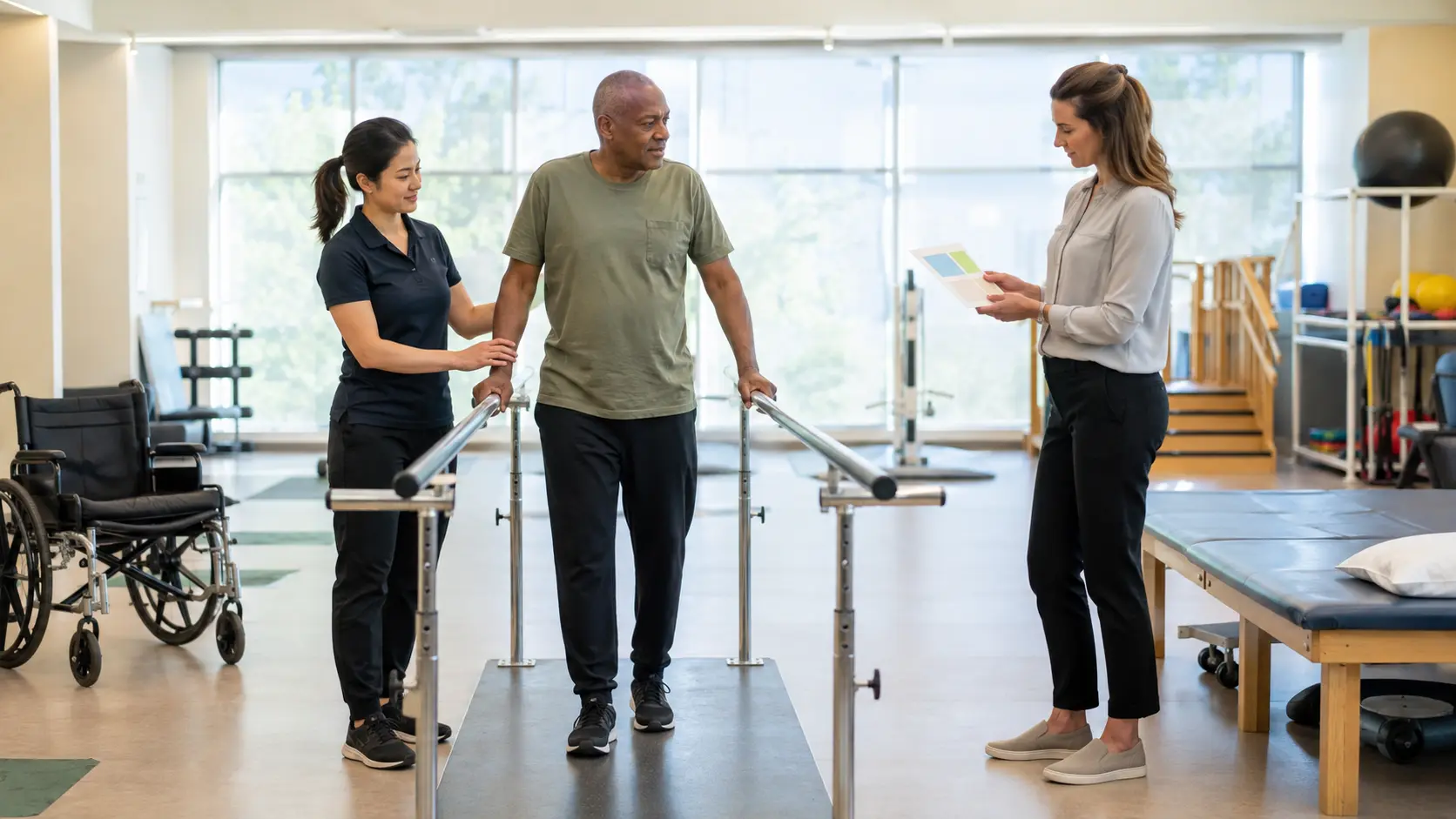 An adult practices standing at parallel bars while two rehabilitation professionals coordinate the session in a bright therapy gym.