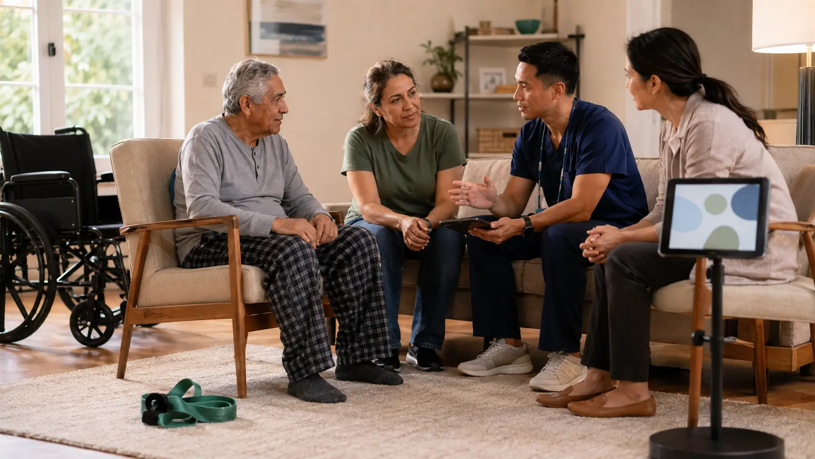 An older adult and family caregiver discuss home rehabilitation follow-up with a clinician and community navigator in an accessible living room.