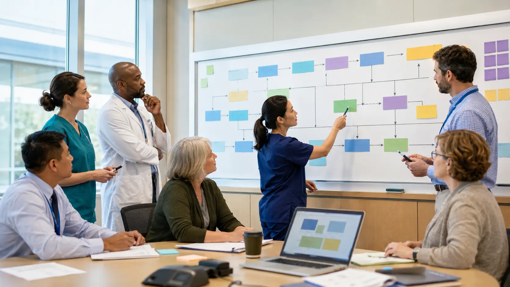 A multidisciplinary rehabilitation improvement team maps a complex hospital-to-home pathway with color-coded cards in a bright conference room.