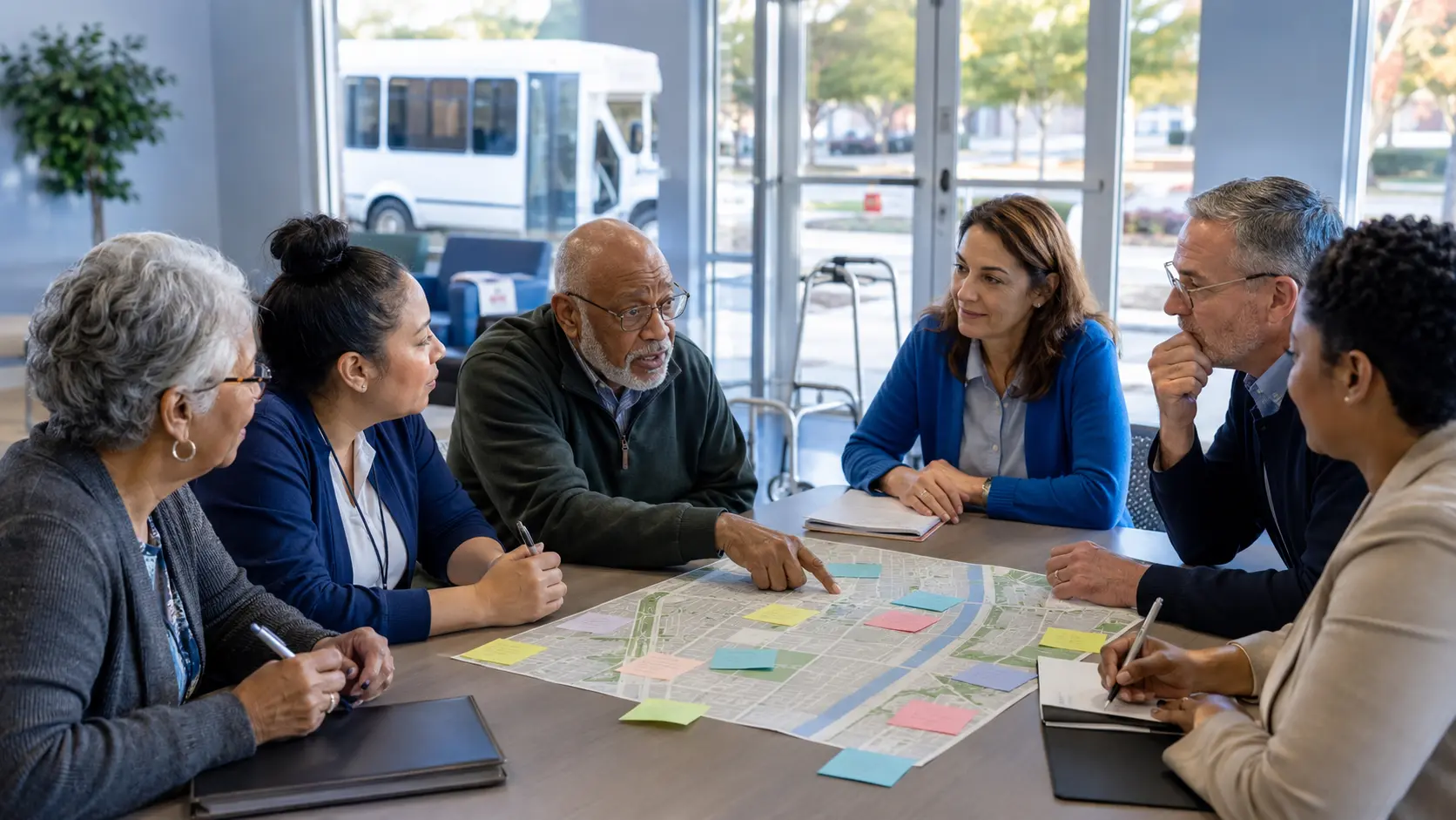 Older adults and cross-sector partners co-designing community access around a neighborhood map in an accessible room.