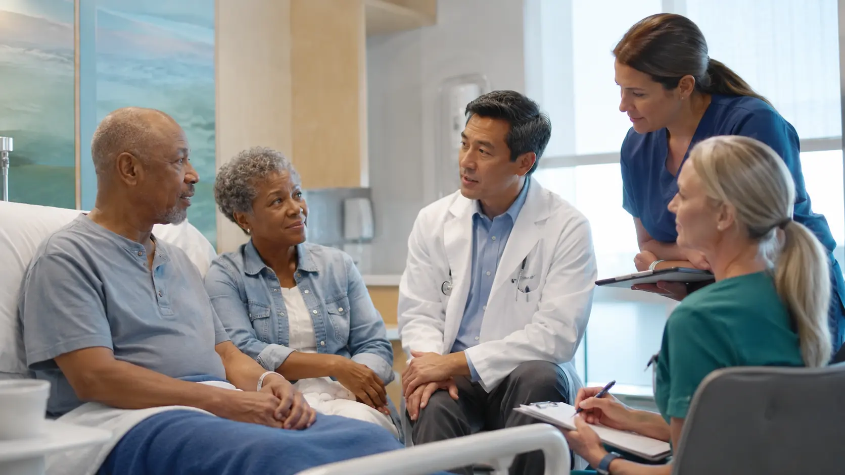 Older adult patient and caregiver participating in a recovery huddle with surgical oncology, nursing, rehabilitation, and nutrition professionals.