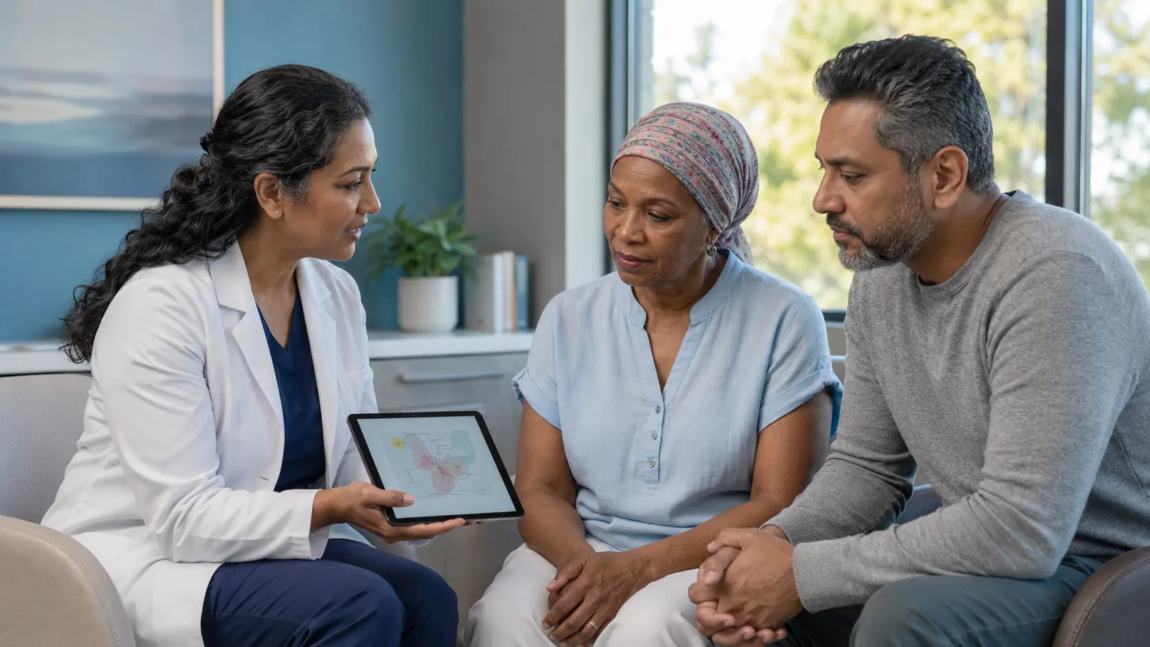 Surgical oncologist, older adult patient, and family caregiver reviewing treatment options together in a calm consultation room.