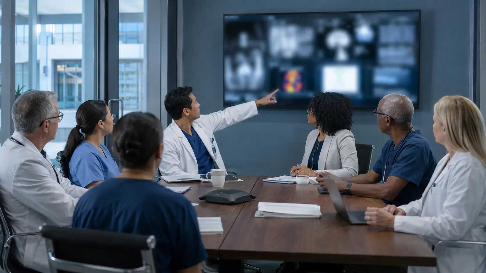 Diverse multidisciplinary cancer team discussing de-identified imaging during a tumor board meeting.