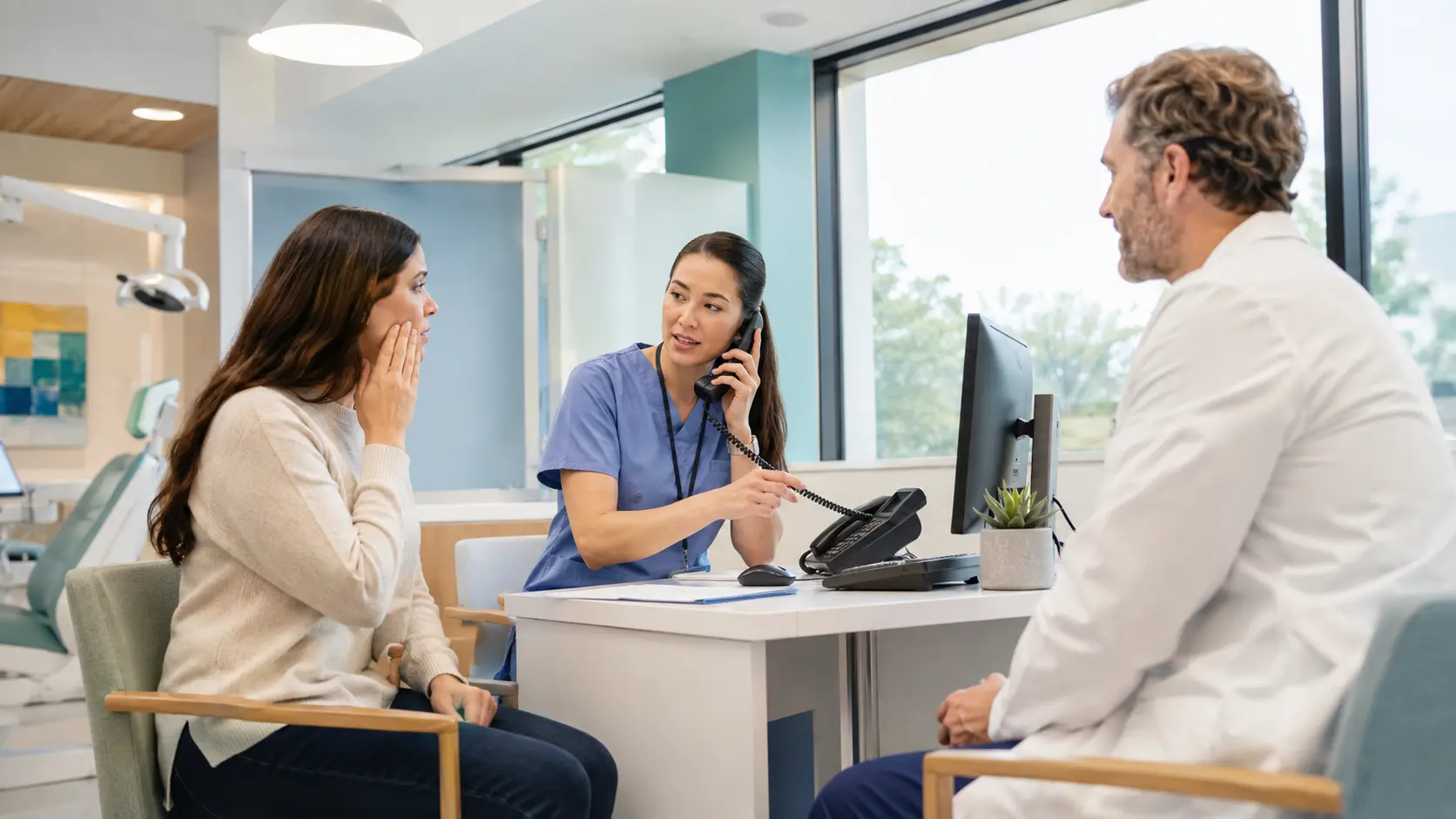 An adult with dental pain being actively connected to urgent dental care by a nurse navigator and dentist.