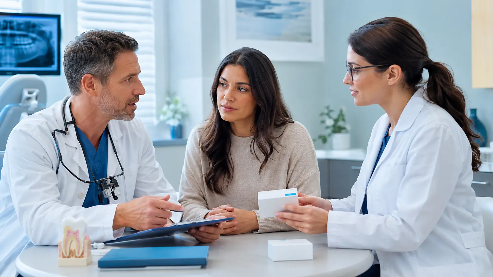 A dentist and pharmacist reviewing an urgent dental pain plan with a patient.