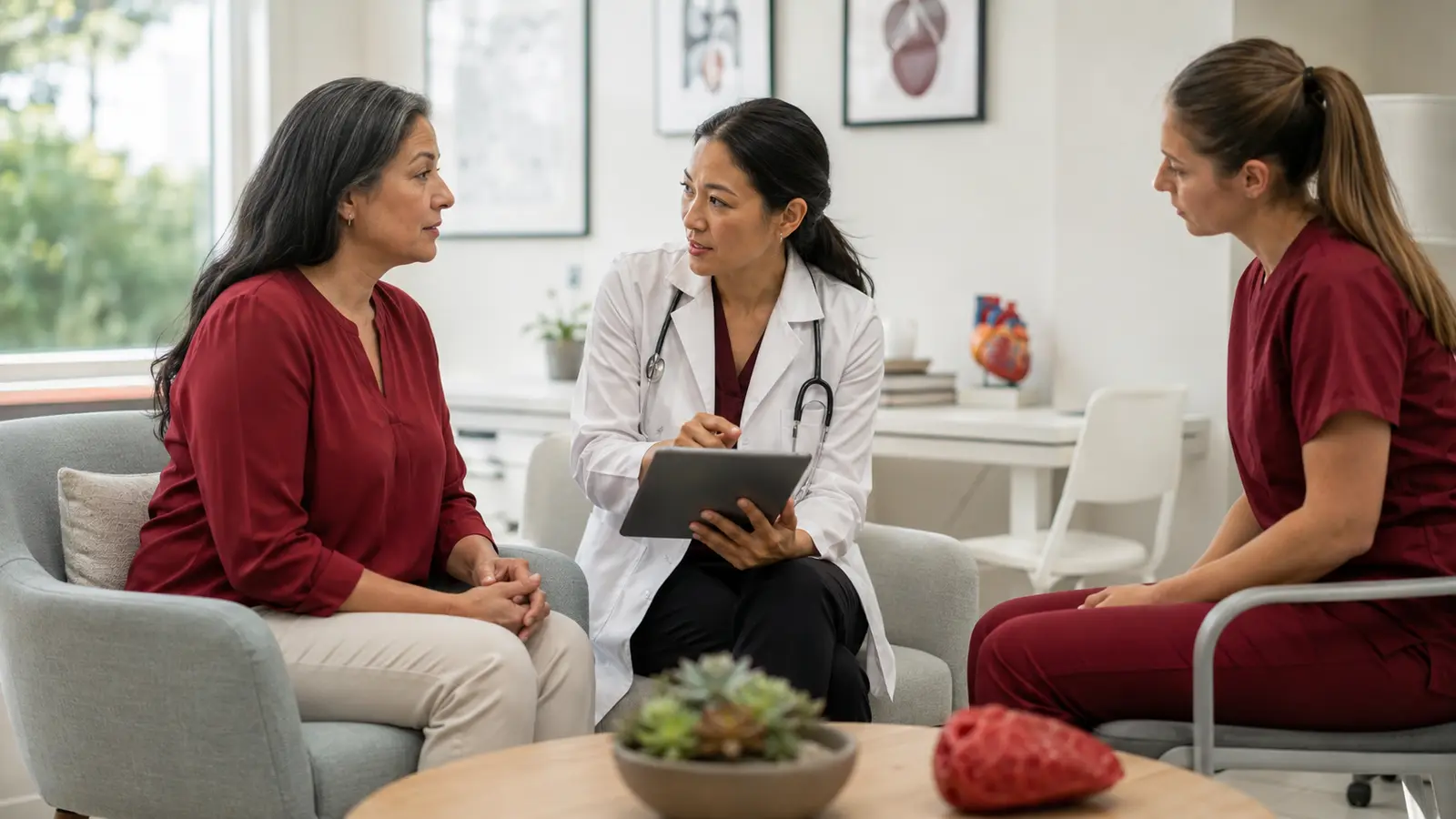 A nurse and primary care clinician review a blood-pressure reading and cardiovascular risk plan with a patient in a bright community clinic.