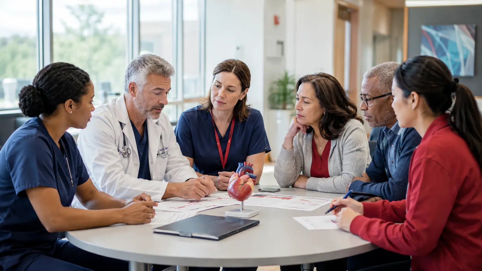 An older adult reviews unbranded medications and an icon-based recovery plan with a pharmacist and cardiac rehabilitation nurse.