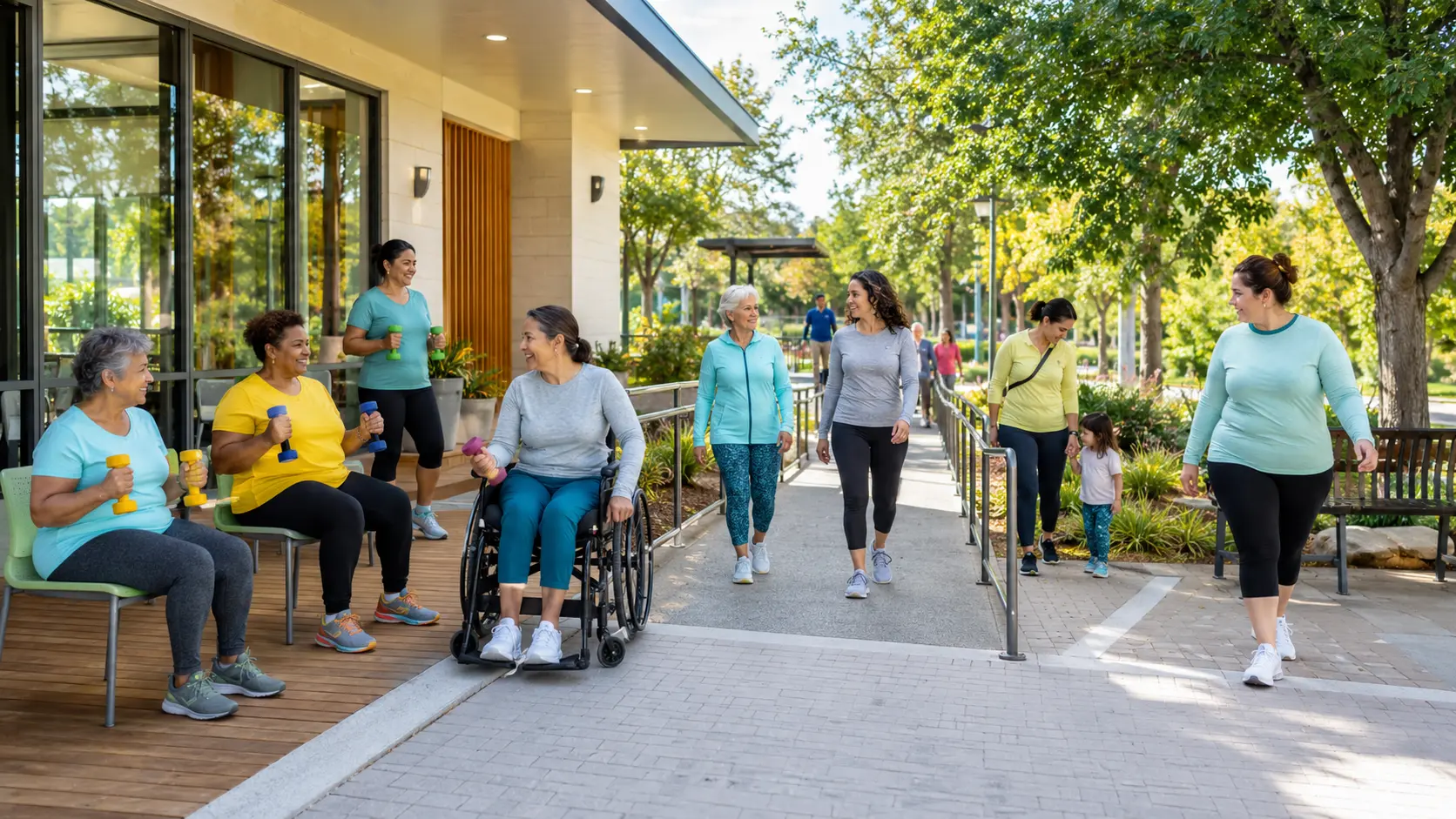 Women use several accessible activity options at a community center and walking path.