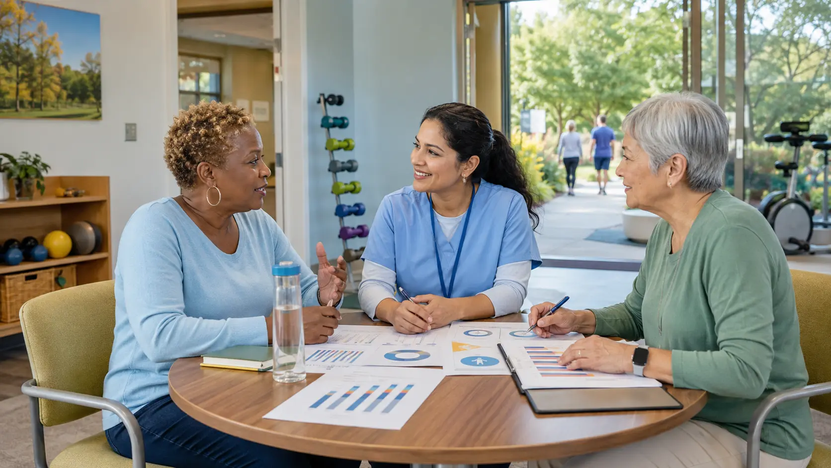 A participant, health navigator, and community program leader review goals and follow-up information together.